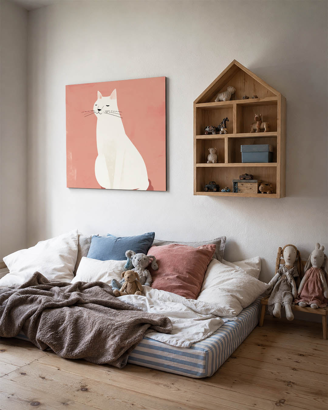 Gestileerde kat kunstwerk – derde productweergave – dit werk toont een gestileerde kat tegen een zachte achtergrond. De