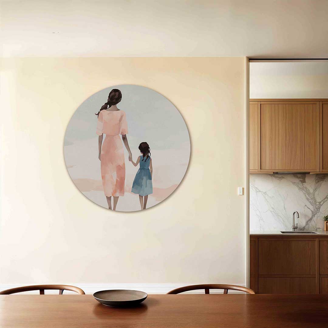 Moeder en kind – moderne ronde wanddecoratie met vrouwelijk portret