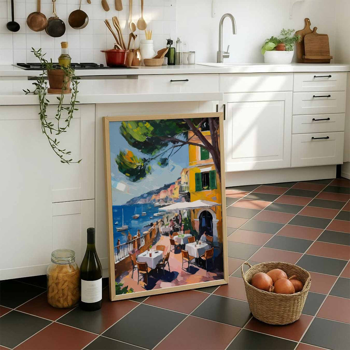 Mediterrane Droom: Uitzicht op de Zee – staande muurposter voor keuken of eethoek