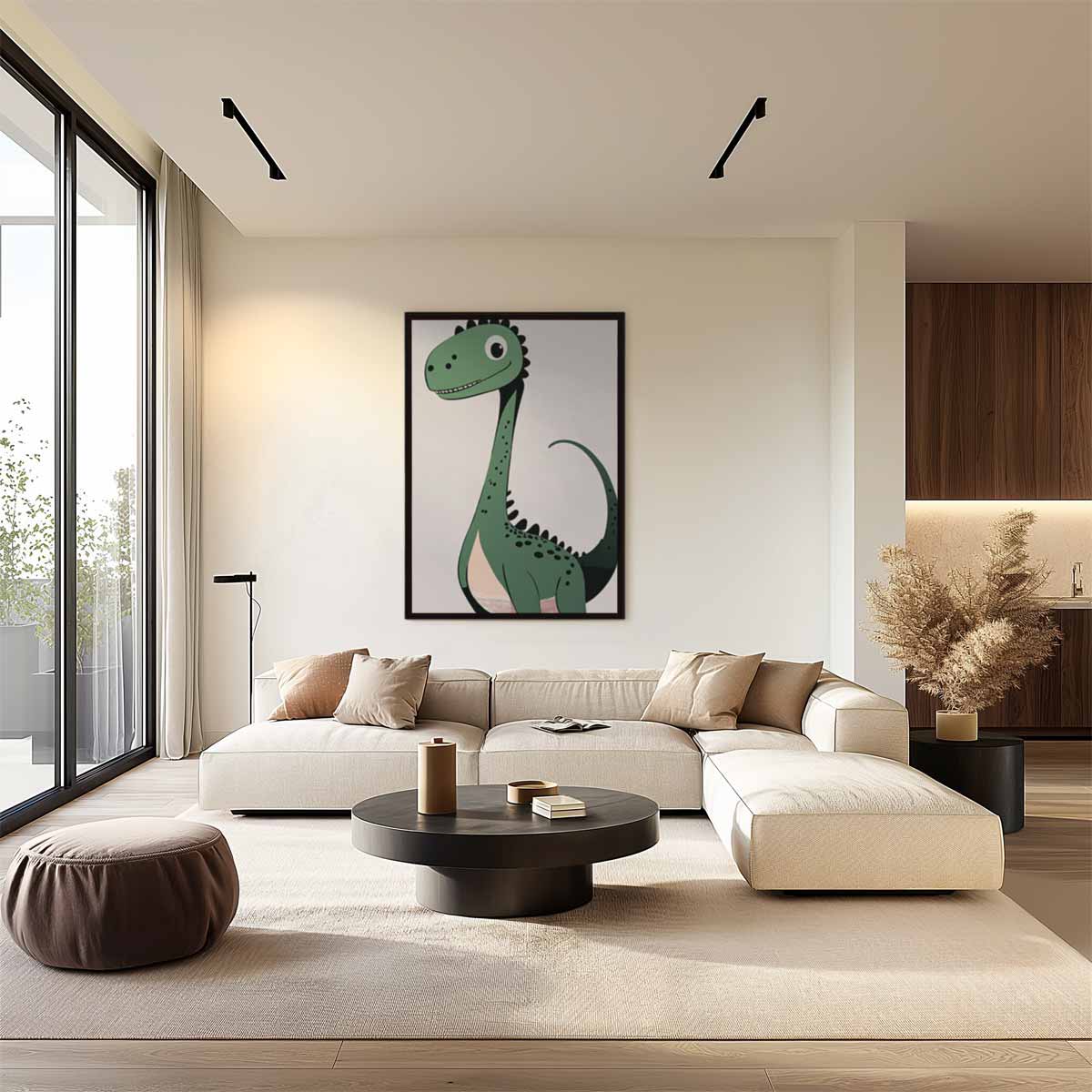 Vrolijke Dino Illustratie – kunstwerk met zwarte baklijst
