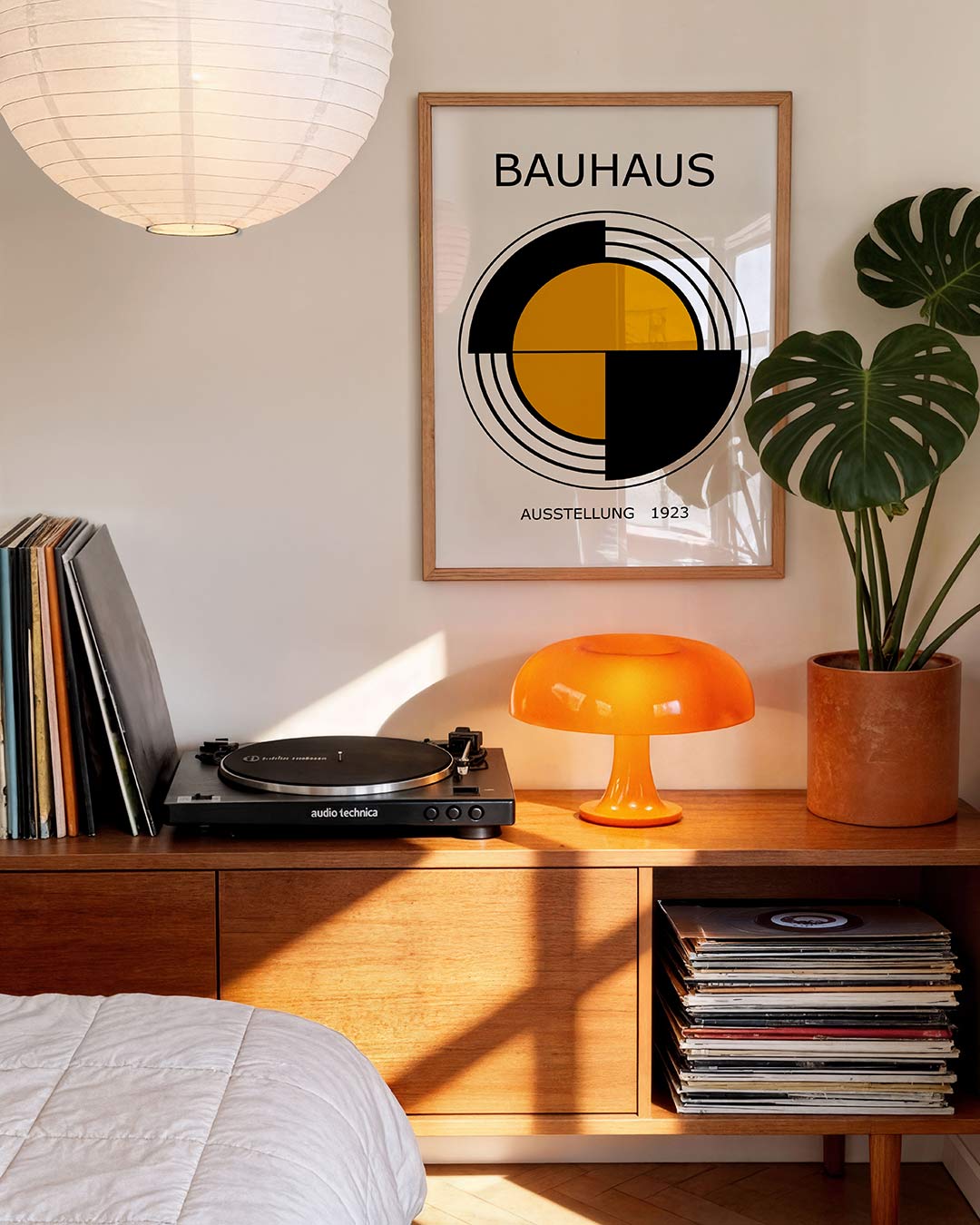 Cirkelstructuur en lijnen – geometrische Bauhaus poster in staand formaat