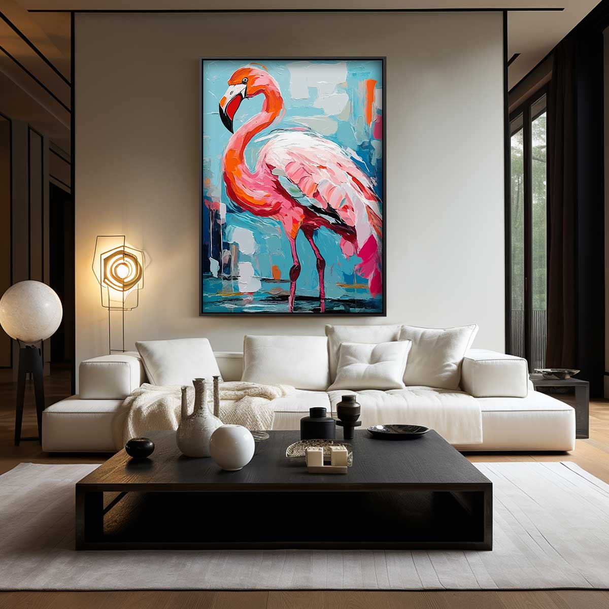 Opera d'arte con fenicottero in ambiente colorato
