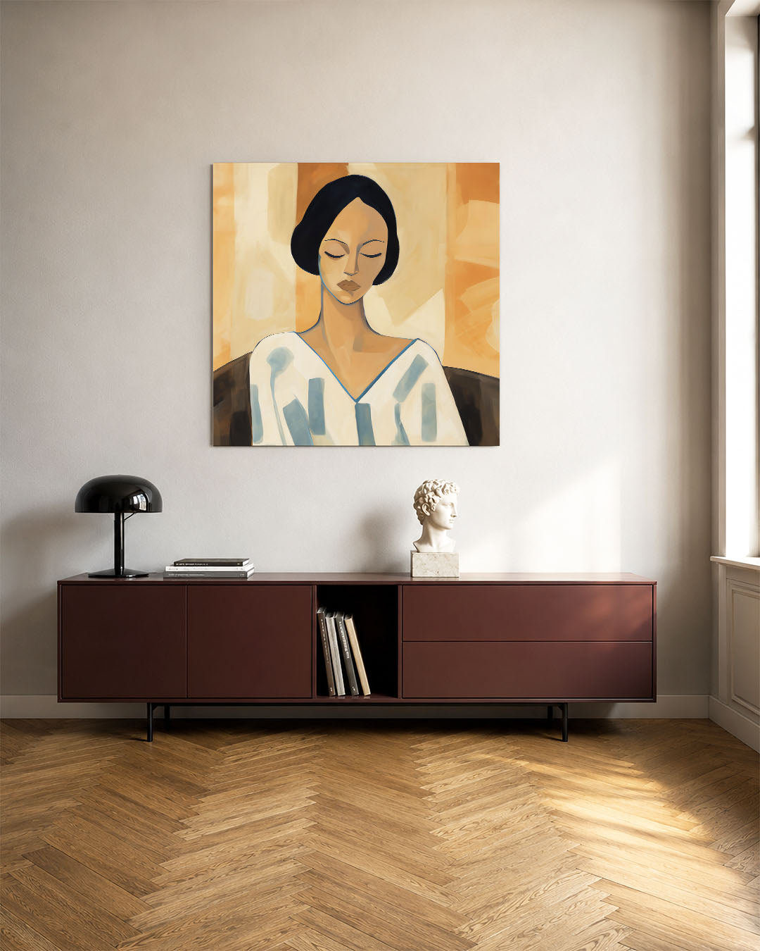Vrouwelijk portret kunstwerk – tweede productweergave – dit werk toont een vrouw met gesloten ogen, omgeven door zachte beige