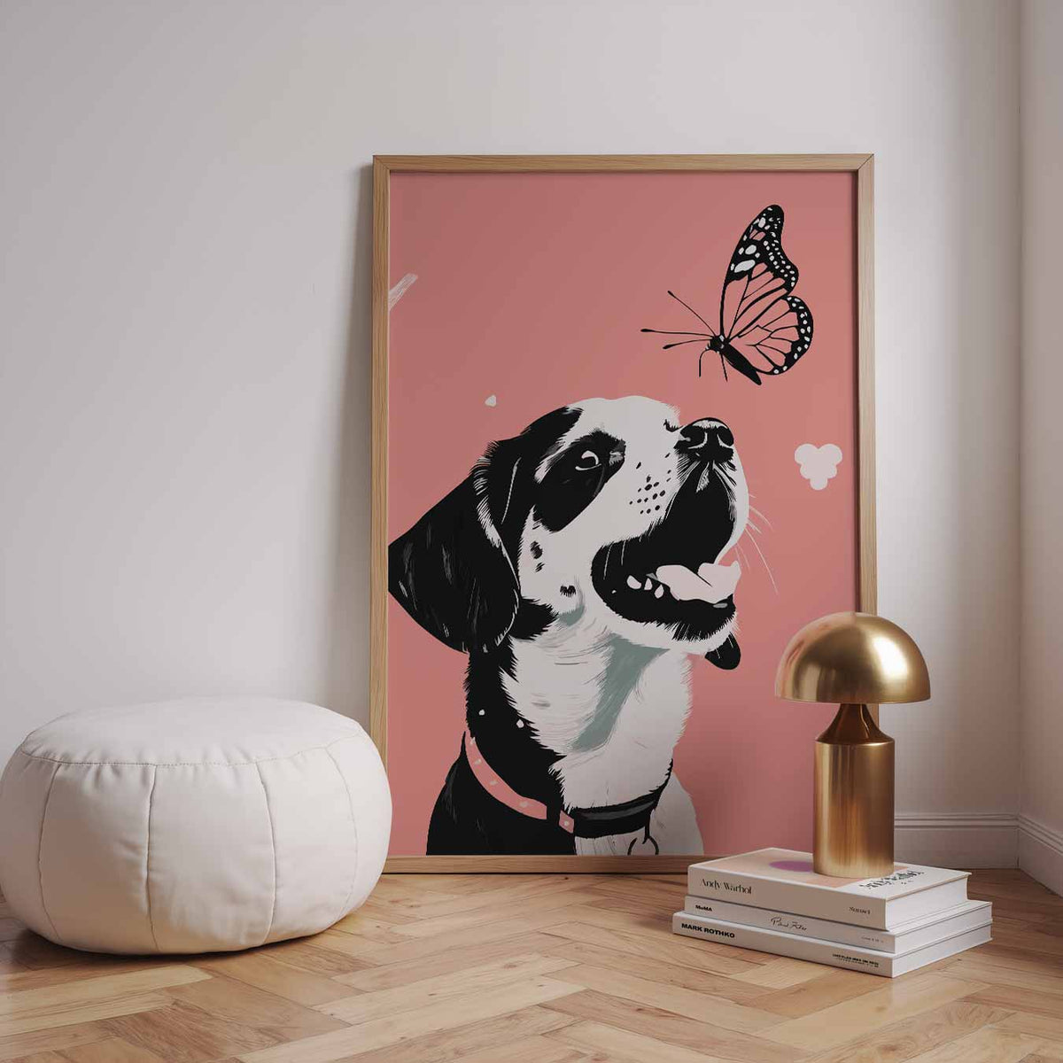 Vrolijke Hond en Vlinder – dieren poster in staand formaat