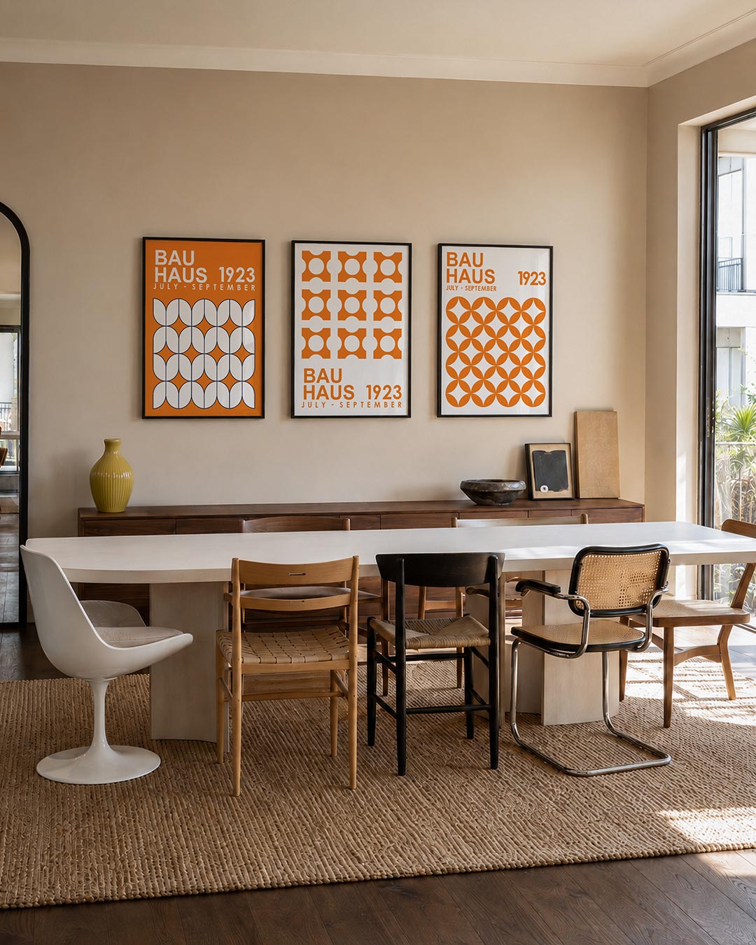 Vorm en kleur posterset – tweede productweergave – deze posterset in drie delen toont een levendige oranje achtergrond met