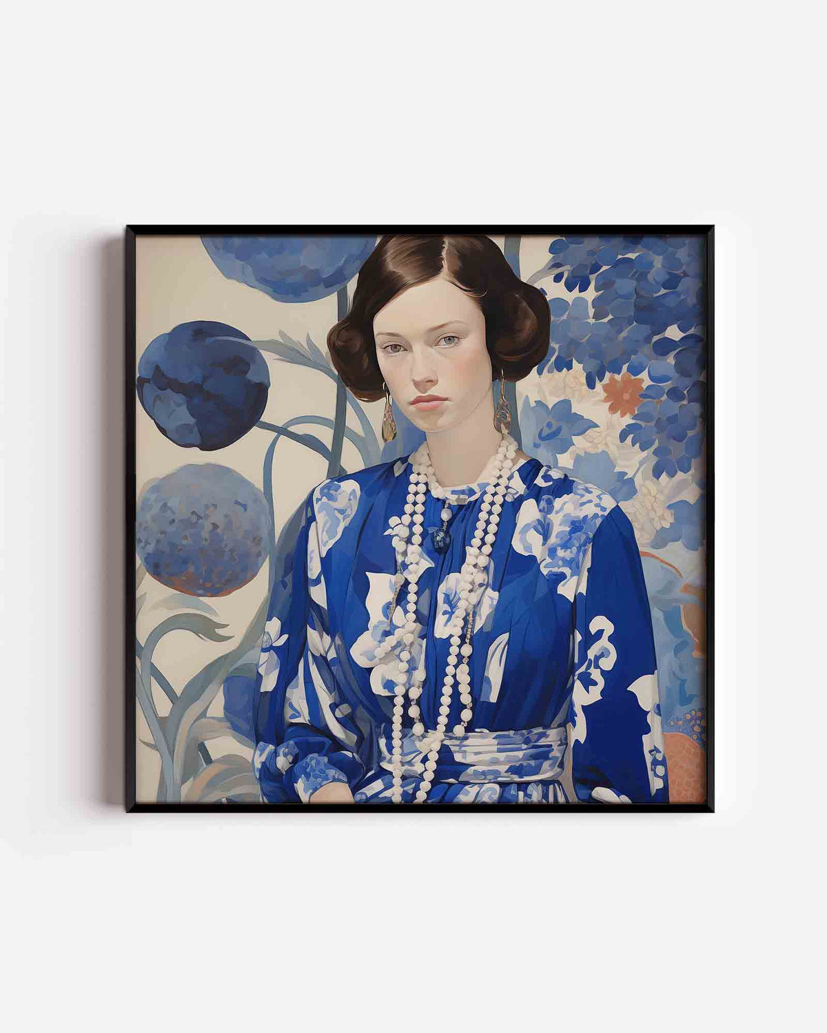 Vrouw met blauwe bloemen – design vierkante poster als wanddecoratie