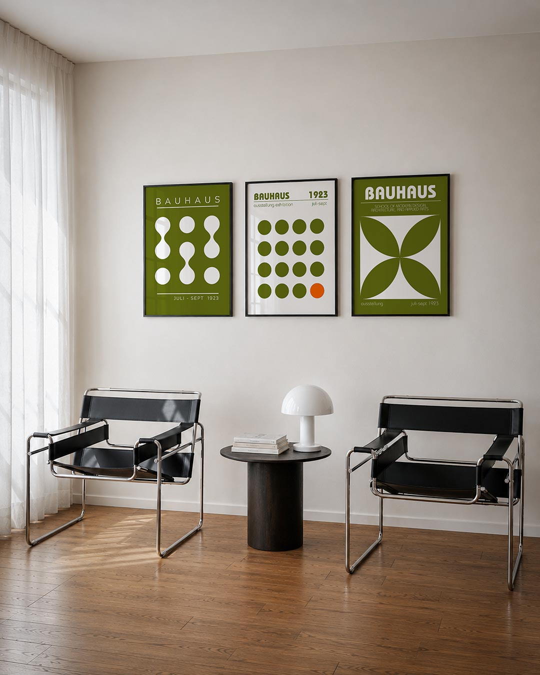 Vormen en vlakken driedelige posterset – deze posterset in drie delen toont een ritmisch spel van witte cirkels en