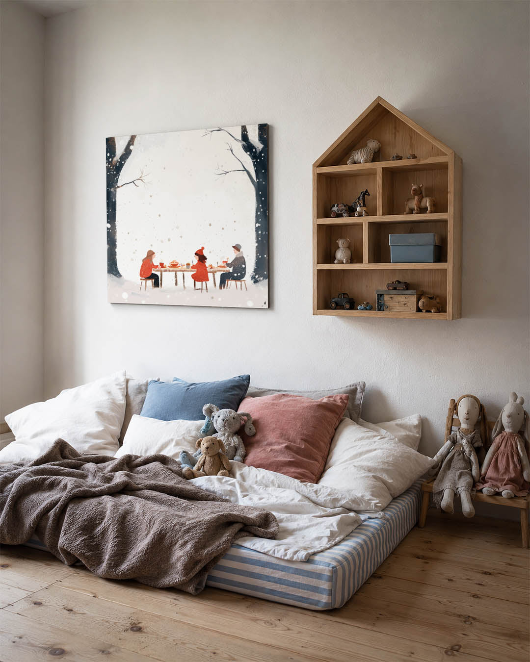 Winterse tafelscene kunstwerk – derde productweergave – een serene winterse tafelscene met drie figuren in warme kleding