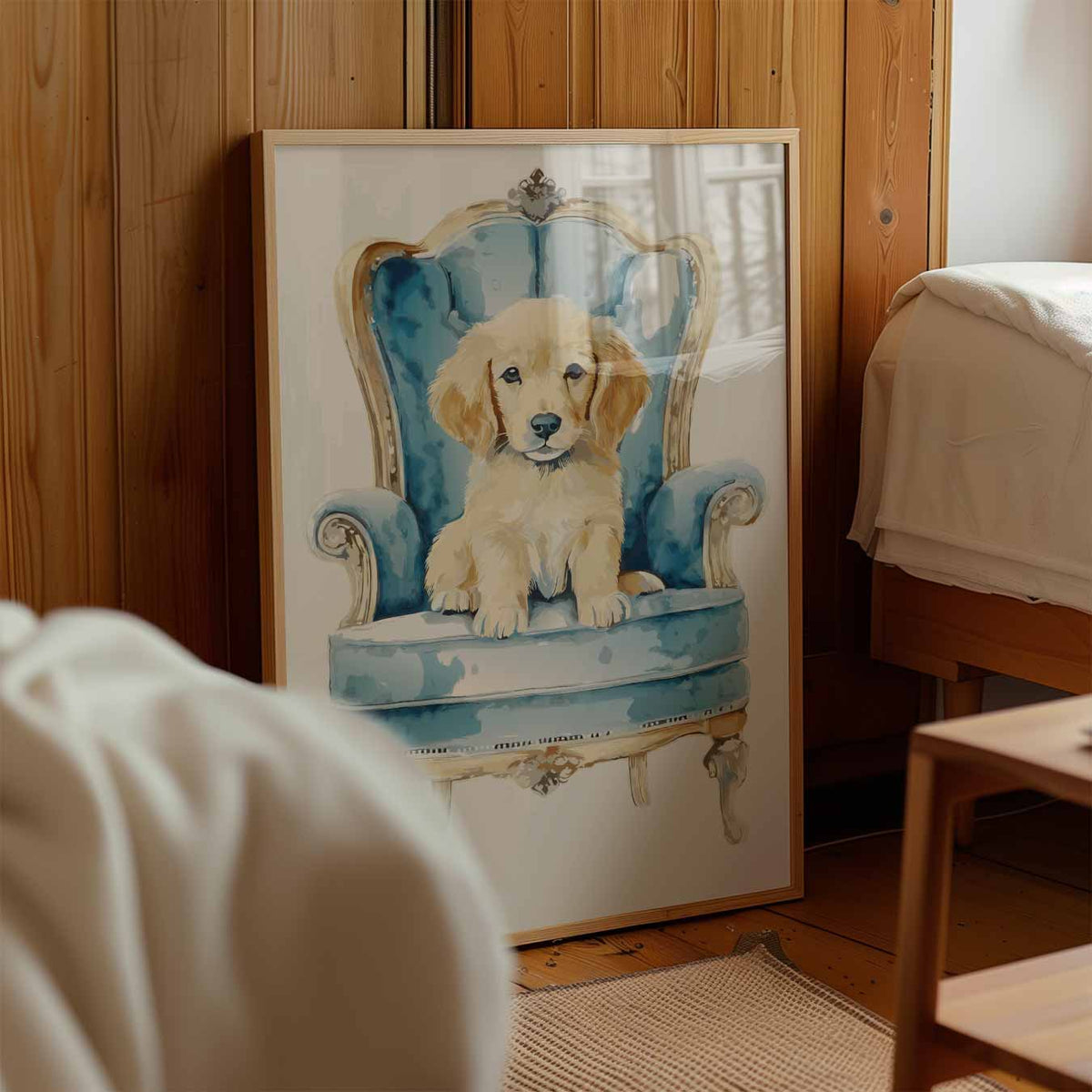 Puppy op Blauwe Troon – kinderposter in staand formaat