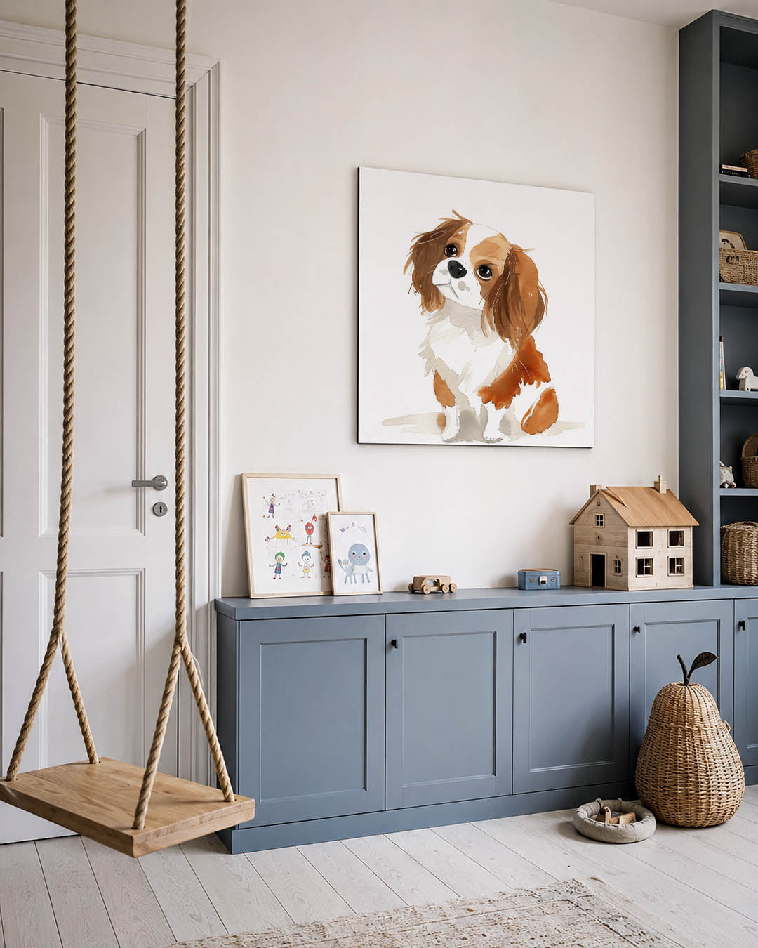 Speelse hondenillustratie kunstwerk – vierkante wanddecoratie – dit kunstwerk toont een schattige hond met grote ogen en