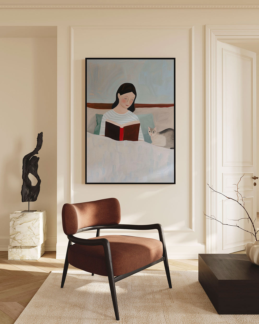 Lezende vrouw met kat – staande wanddecoratie