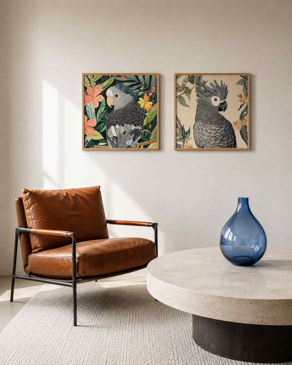 Interieurpresentatie van een tweedelige vierkante posterset met grijze papegaaien