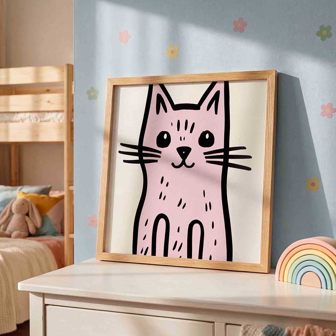 Roze kat – speelse wandkunst als vierkante kinderposter