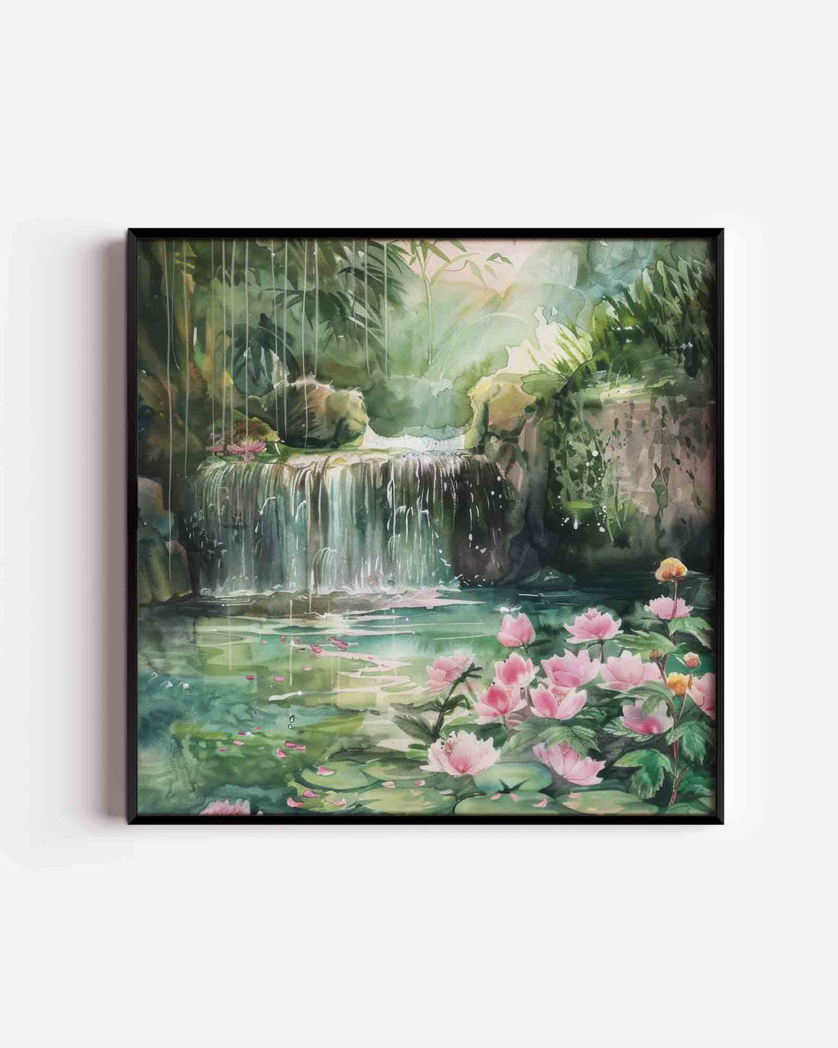 Waterval en bloemen – vierkante poster met kleur en vormen als wanddecoratie