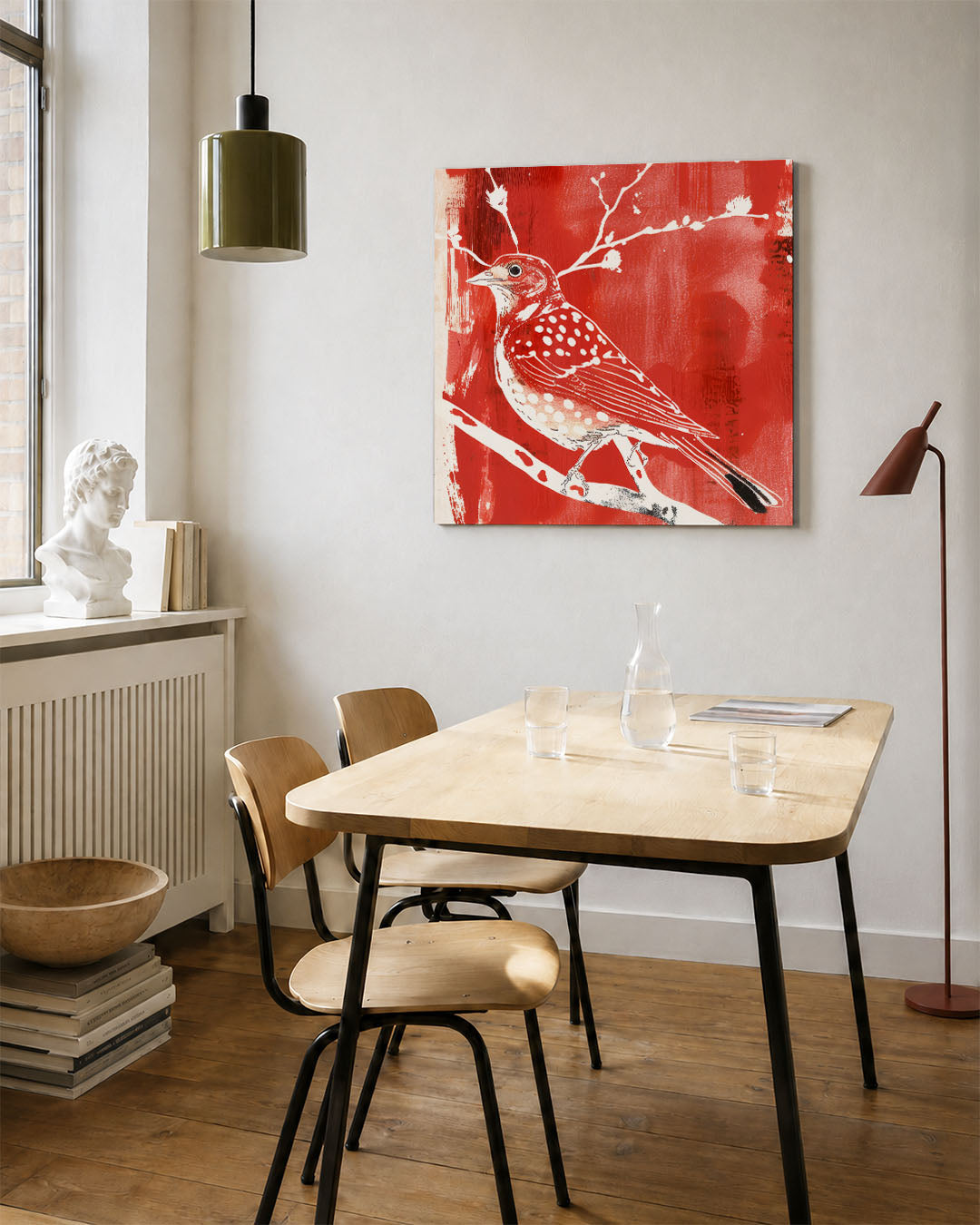 Vogel op tak kunstwerk – vierkante wanddecoratie – dit werk toont een vogel met stippen op een tak tegen een rode