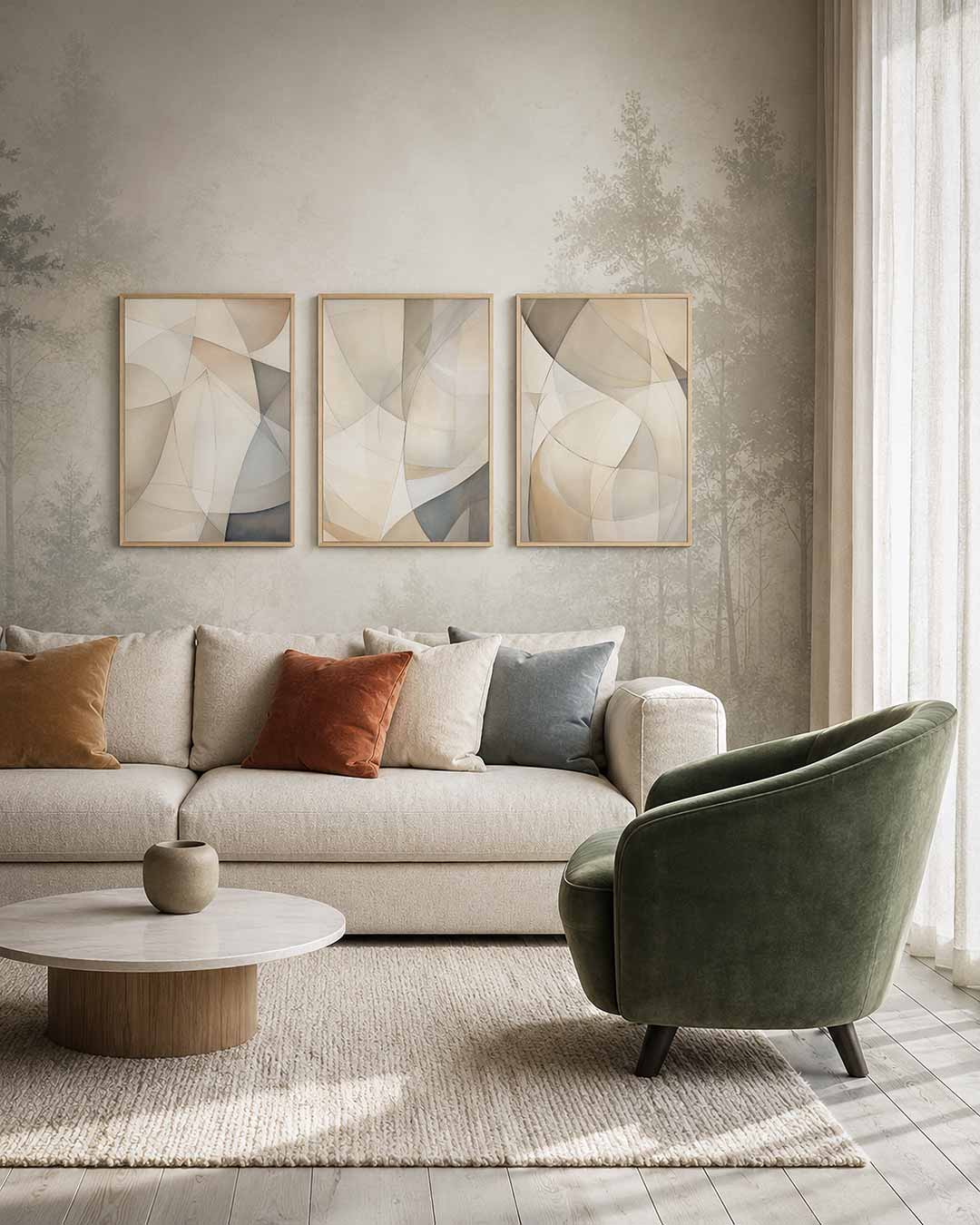 Vloeiende vormen – deze posterset in drie delen toont zachte, overlappende kleurvlakken in beige