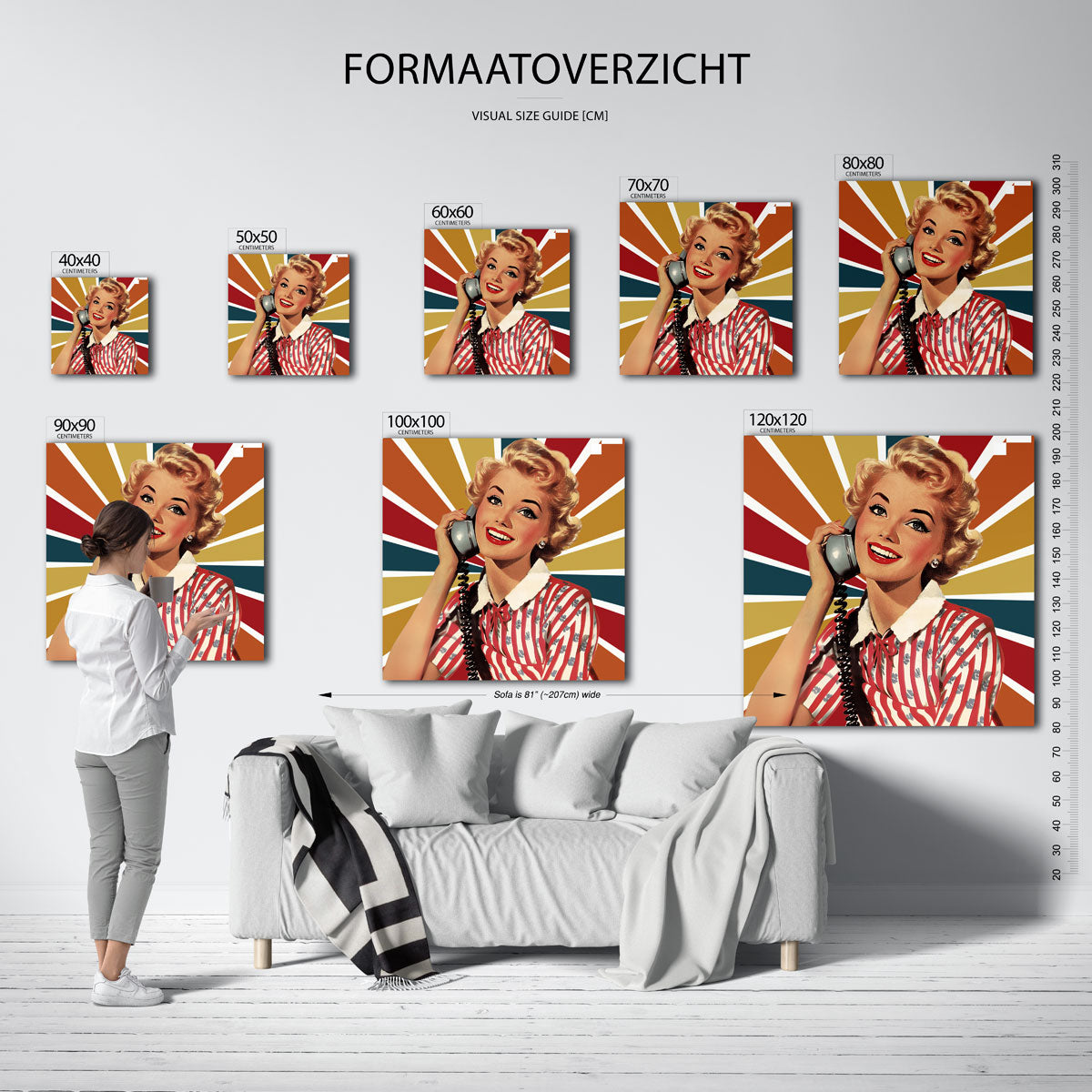 Vrouw met telefoon – kleurrijke vierkante muurposter in Pop Art stijl