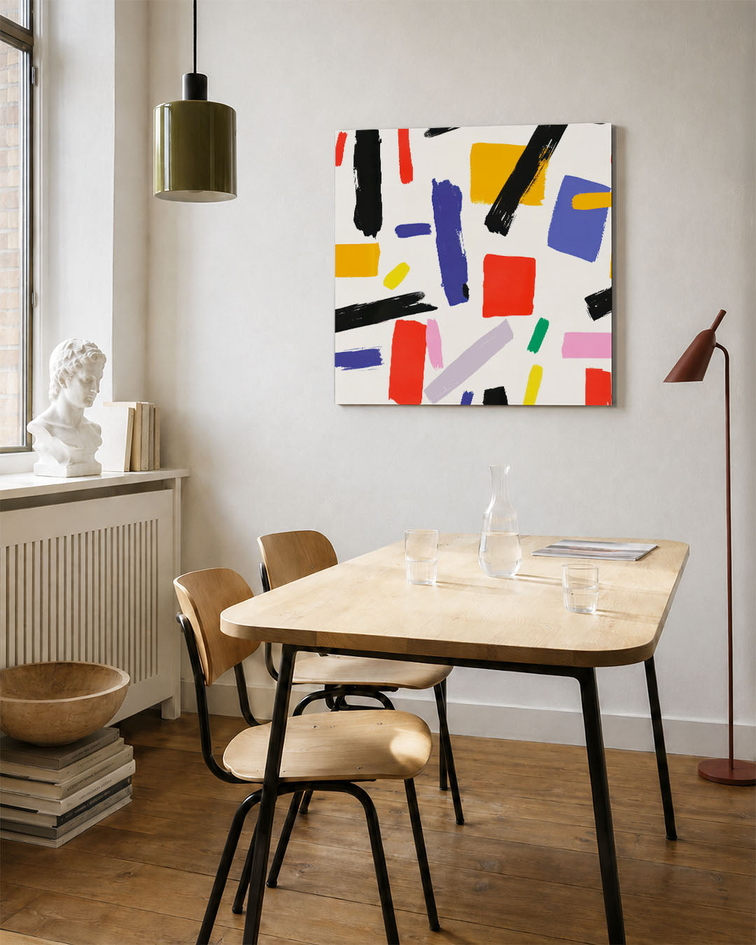 Kleurrijke vormen kunstwerk – vierkante wanddecoratie – dit werk toont een dynamische compositie van kleurrijke rechthoeken