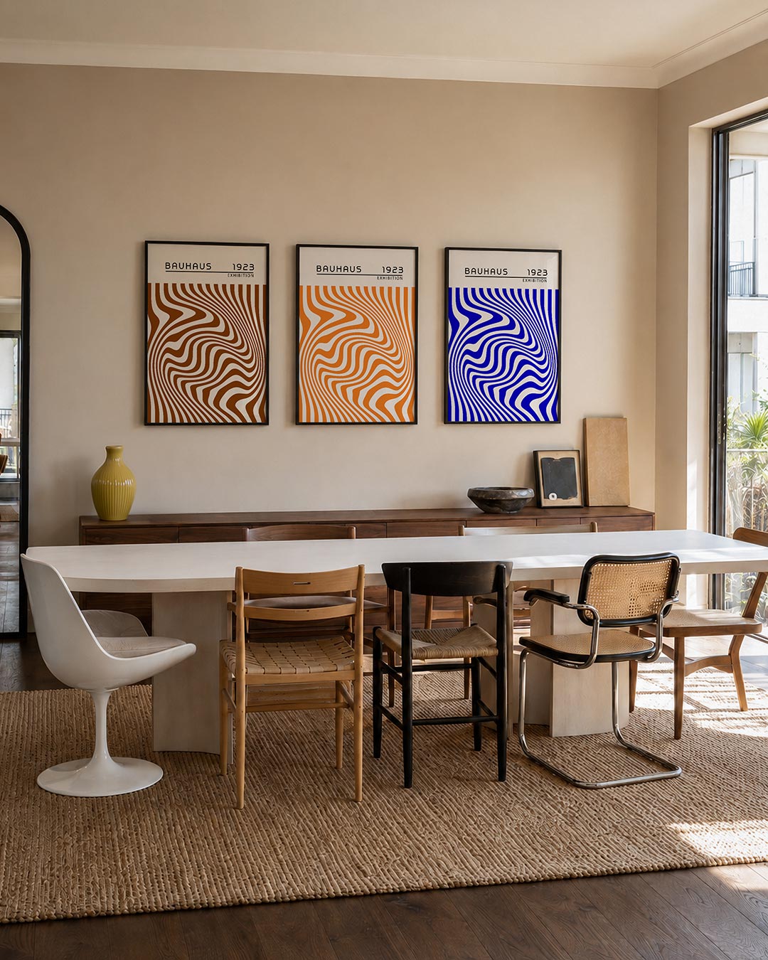 Golvend lijnenspel posterset – tweede productweergave – deze posterset in drie delen toont een dynamisch lijnenspel in bruin