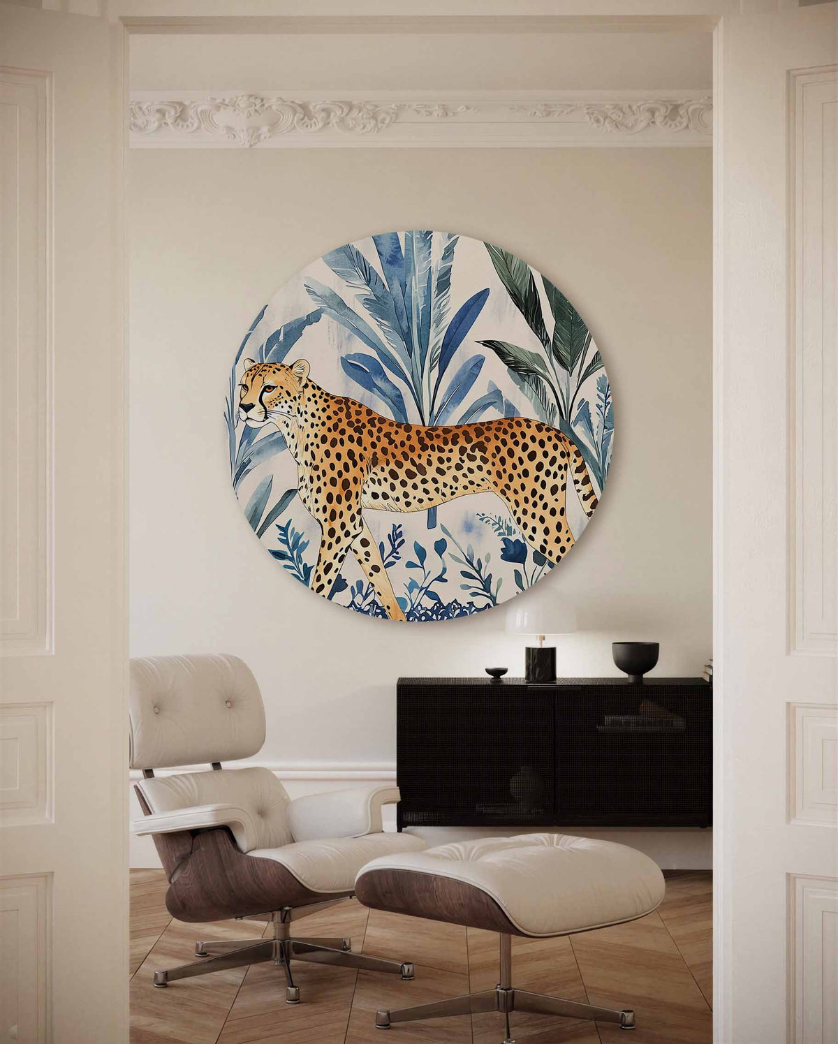 Luipaard en bladeren – illustratie muurcirkel als ronde muurdecoratie