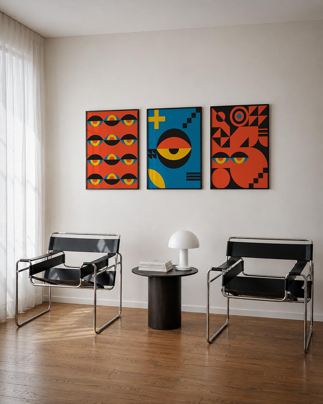 Kleurrijk lijnenspel driedelige posterset – deze posterset in drie delen toont een ritmisch patroon van halve cirkels in