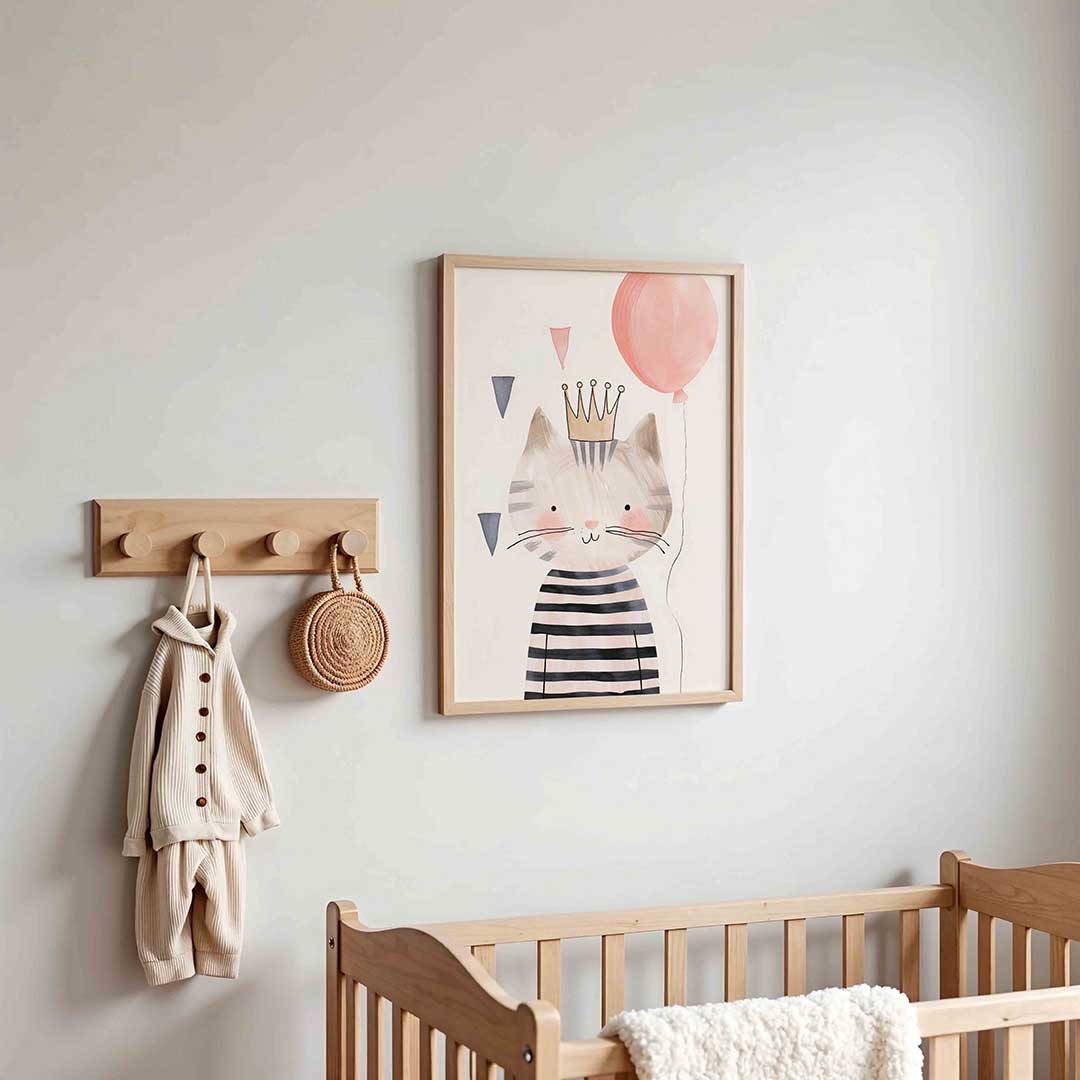 Kat met kroon en ballon – kinderposter in staand formaat