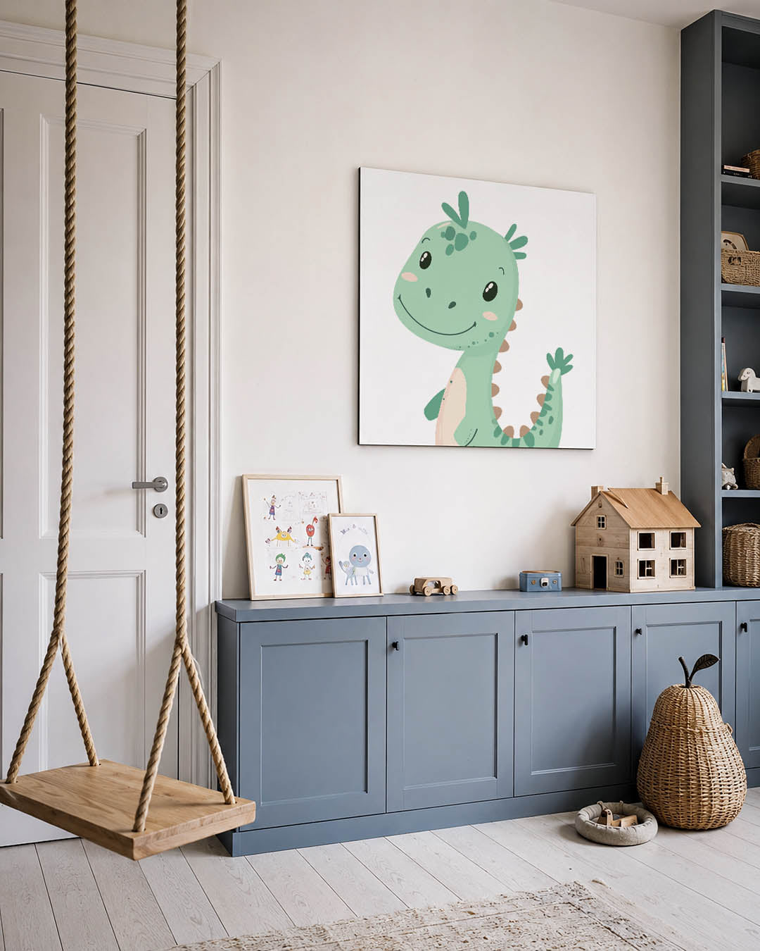 Vrolijke dino illustratie kunstwerk – vierkante wanddecoratie – dit kunstwerk toont een schattige dinosaurus met een