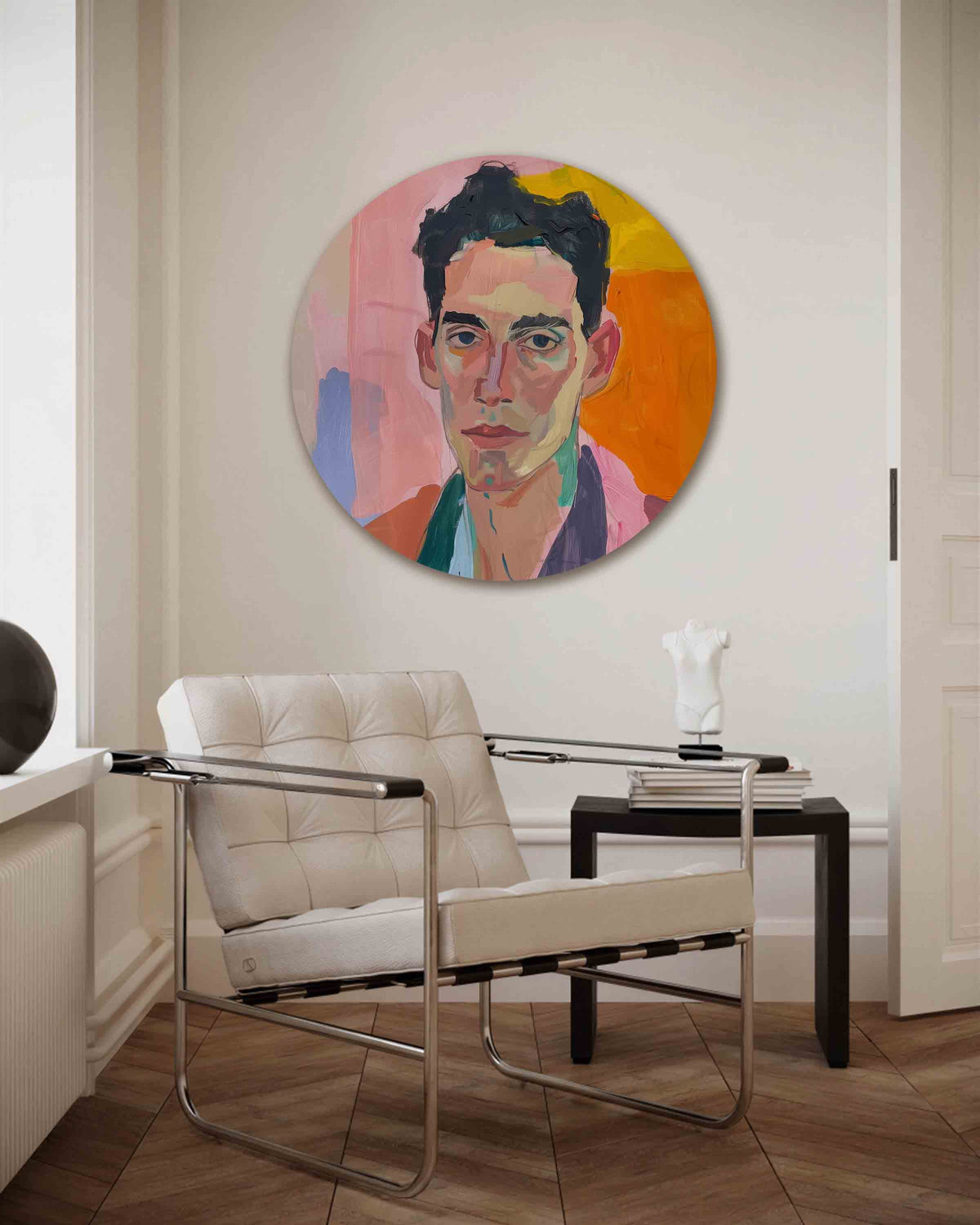 Portret in levendige kleuren – kleurrijke muurcirkel als ronde wanddecoratie