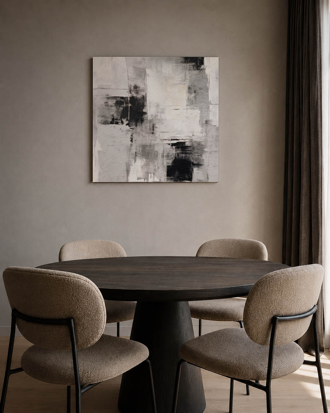 Monochrome compositie kunstwerk – tweede productweergave – dit werk toont een dynamisch spel van zwart-witte vlakken en