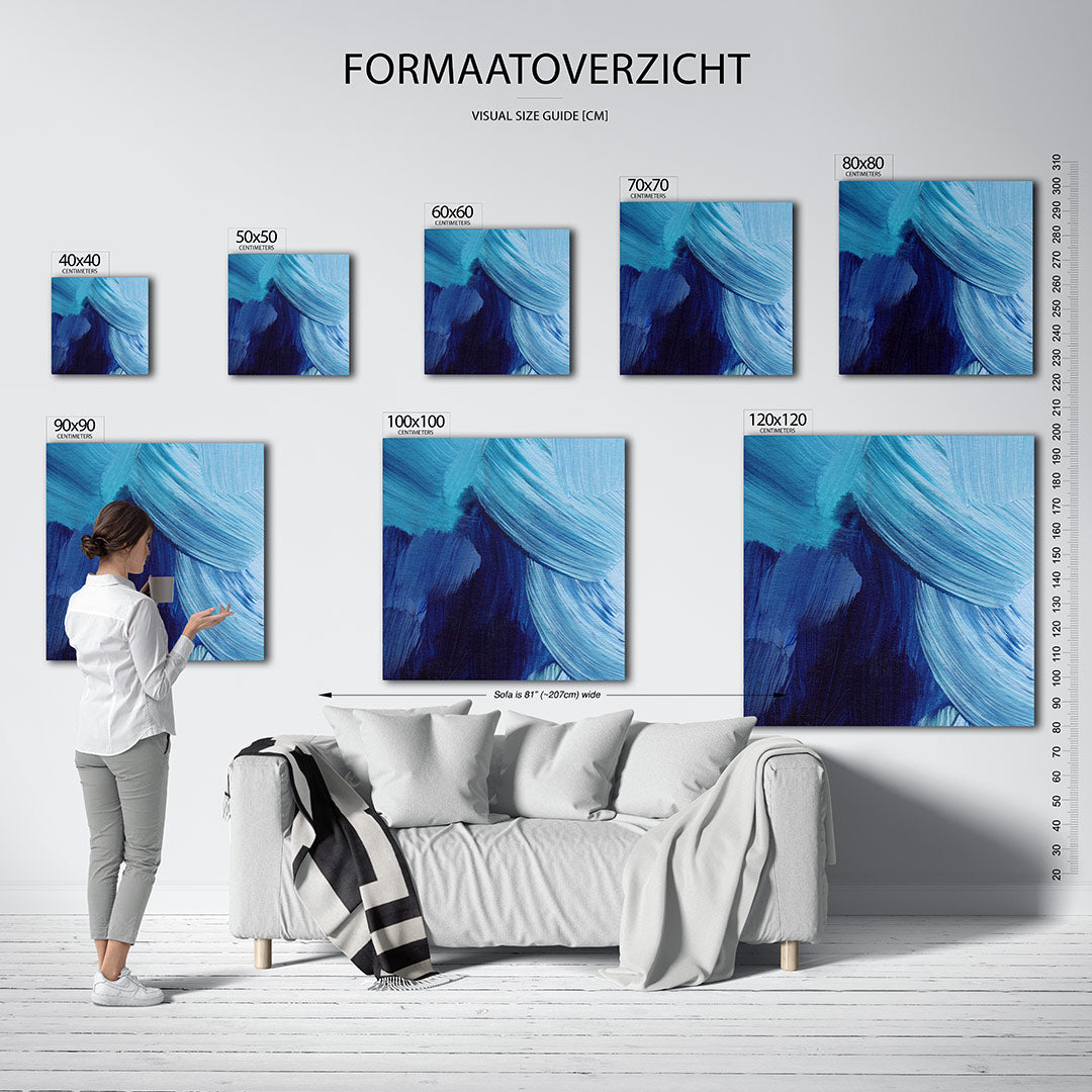 Dynamische blauwe bewegingen kunstwerk – dit werk toont vloeiende penseelstreken in verschillende tinten blauw. De compositie