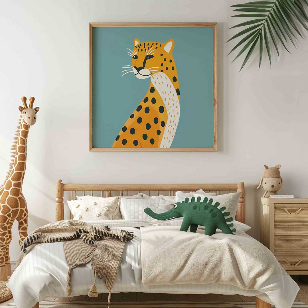 Luipaard illustratie – vierkante kinderkamer wanddecoratie van WallArtistic