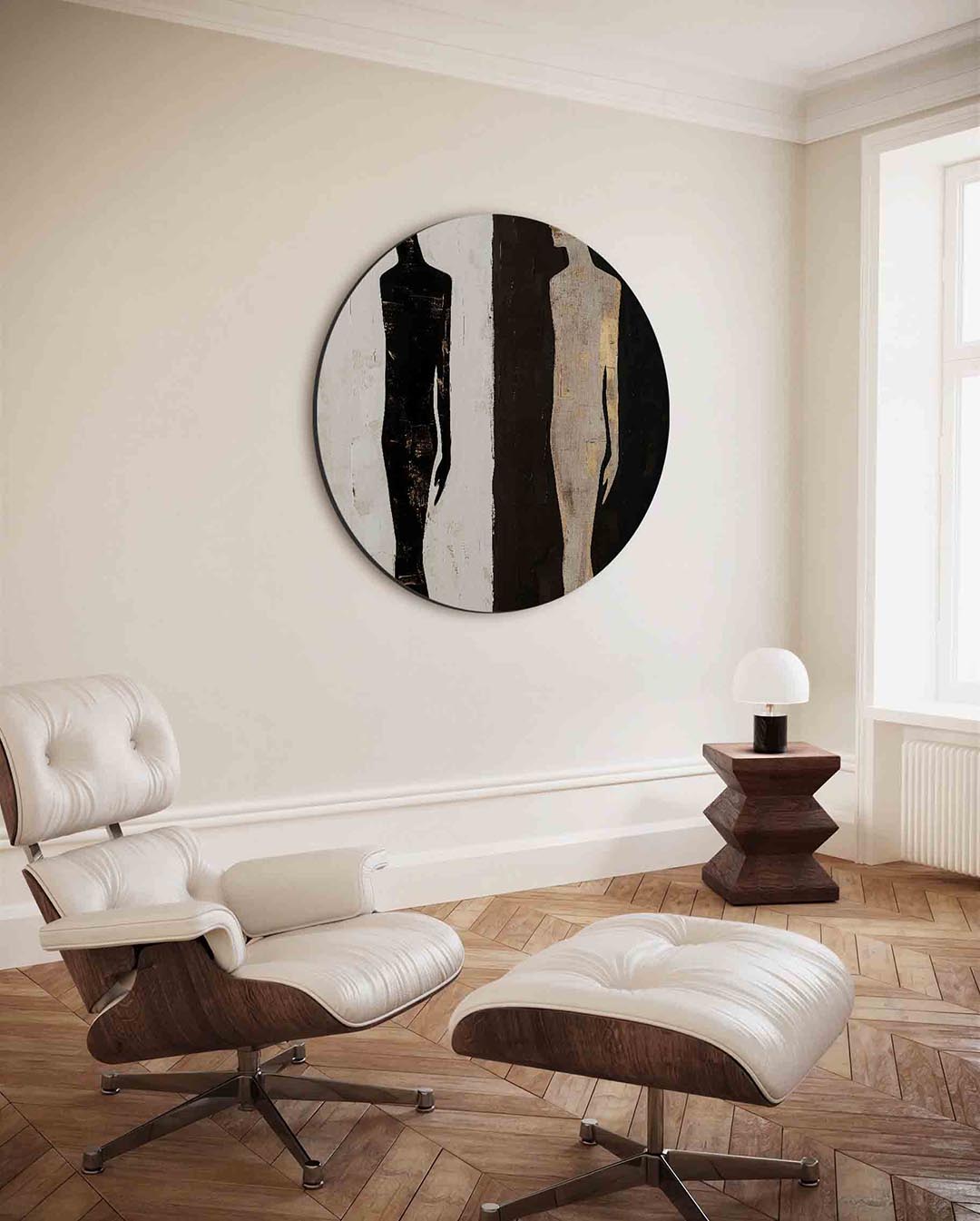 Silhouetten in contrast – ronde wanddecoratie met abstract ontwerp