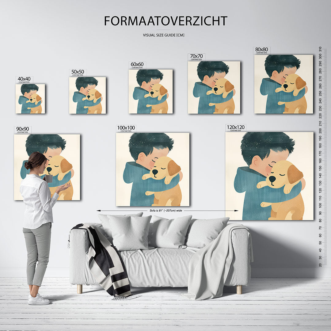 Knuffelende vrienden kunstwerk – sfeerbeeld – dit kunstwerk toont een kind dat een hond omarmt. De zachte lijnen en warme