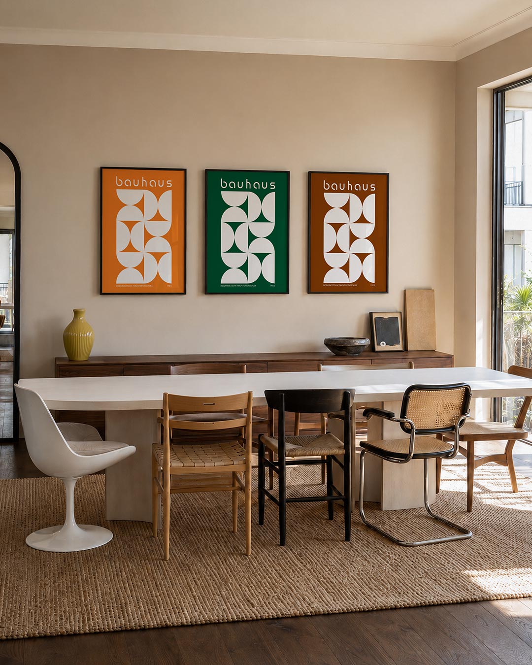 Vorm en kleur driedelige posterset – deze posterset in drie delen toont een levendige oranje achtergrond met witte