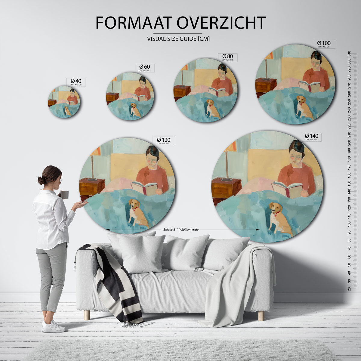 Lezende vrouw met hond – ronde muurdecoratie met kleur en vorm