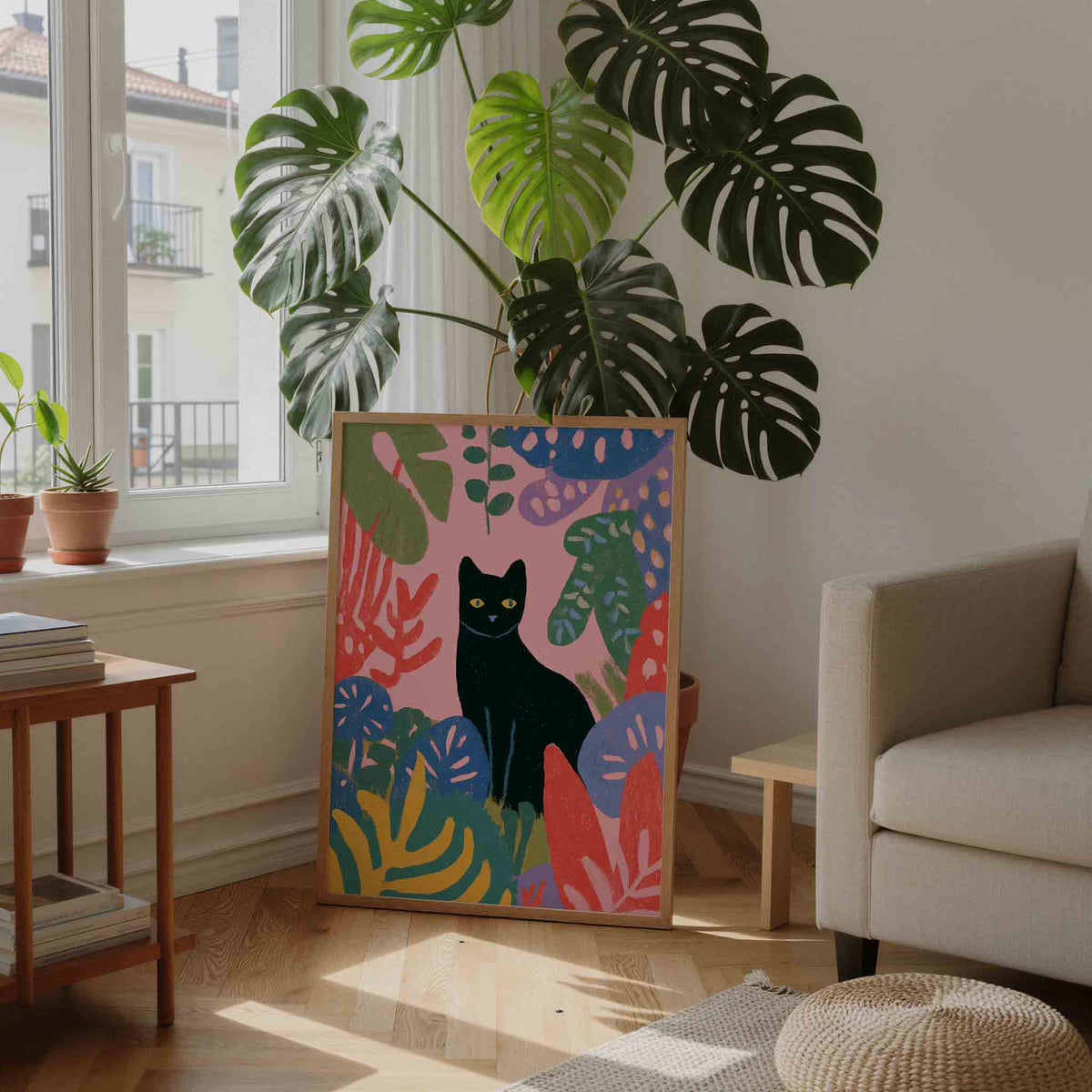 Zwarte kat en bladeren – staande botanische wanddecoratie van WallArtistic