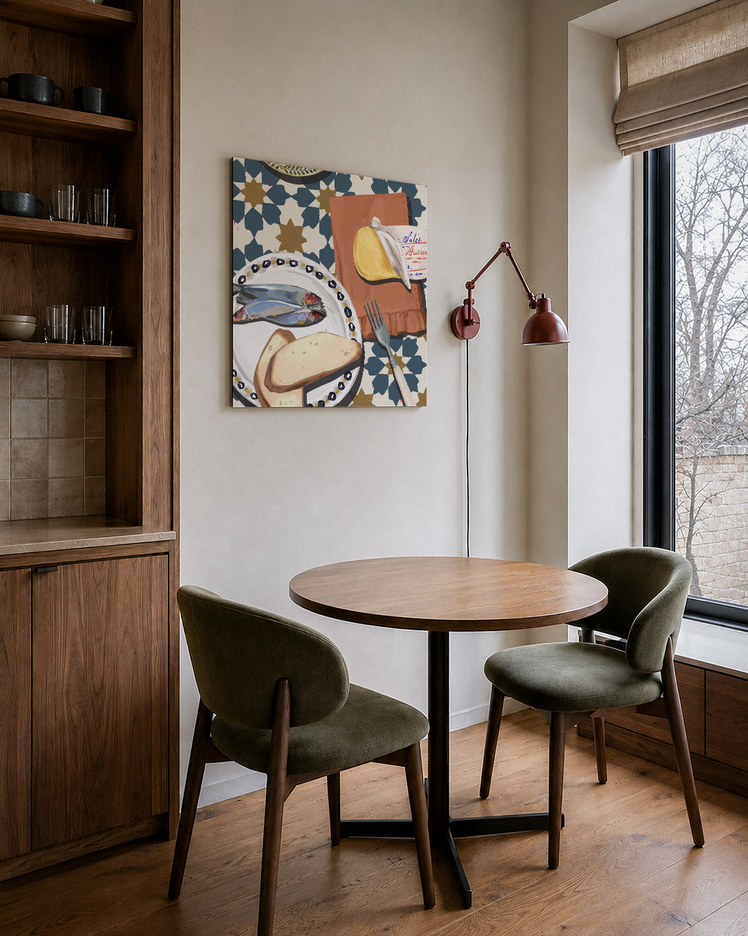 Geometrisch ontbijt tafereel kunstwerk – derde productweergave – dit werk toont een tafel met vis, brood en boter op een