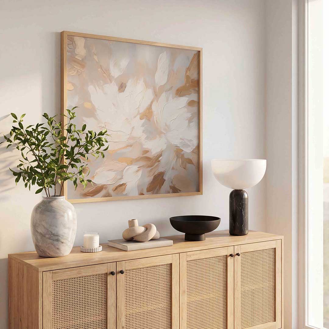 Abstracte beige en witte bloemen – abstracte wandkunst als vierkante poster