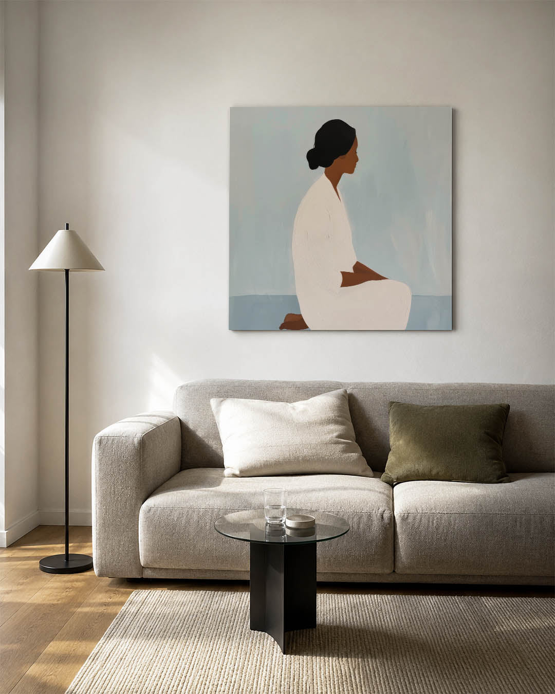 Rustige silhouet kunstwerk – vierkante wanddecoratie – dit kunstwerk toont een zittende figuur in profiel, gehuld in zachte