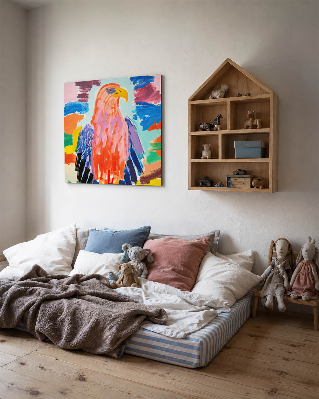 Kleurrijke vogel kunstwerk – derde productweergave – dit werk toont een vogel in levendige kleuren met dynamische