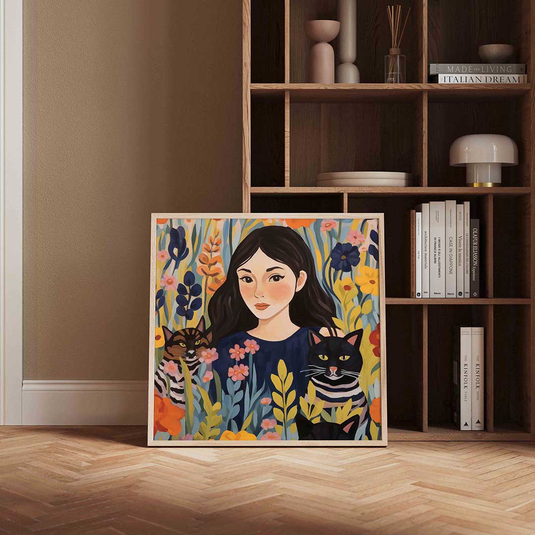 Meisje met katten en bloemen – portret poster in vierkant formaat
