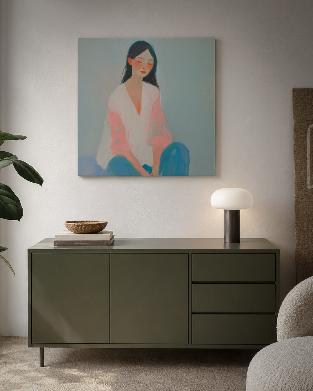 Dromerige vrouw kunstwerk – detailweergave – dit kunstwerk toont een serene vrouw in zachte kleuren. De vloeiende lijnen en