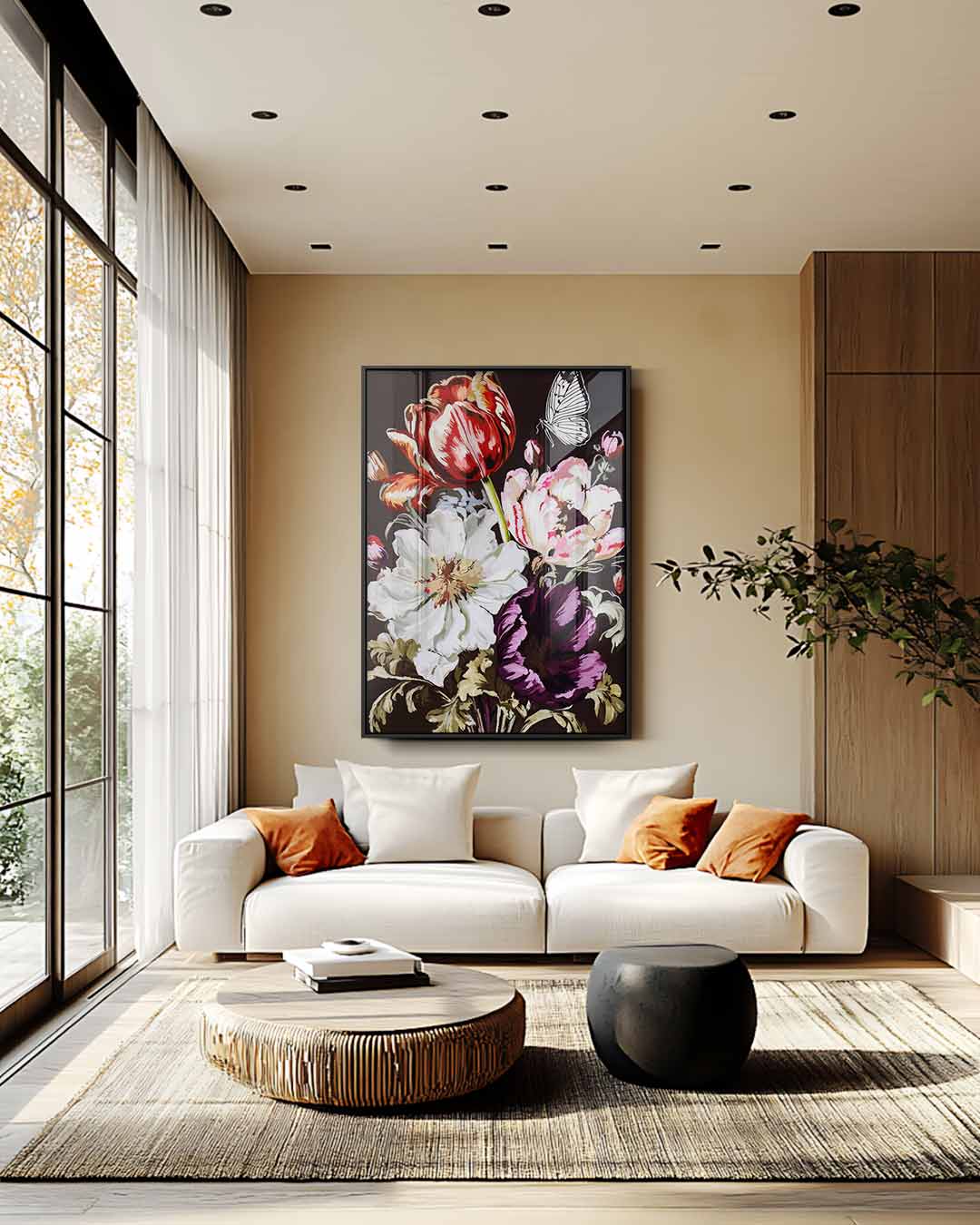 Bloemenpracht met Vlinder – kunstwerk met zwarte baklijst