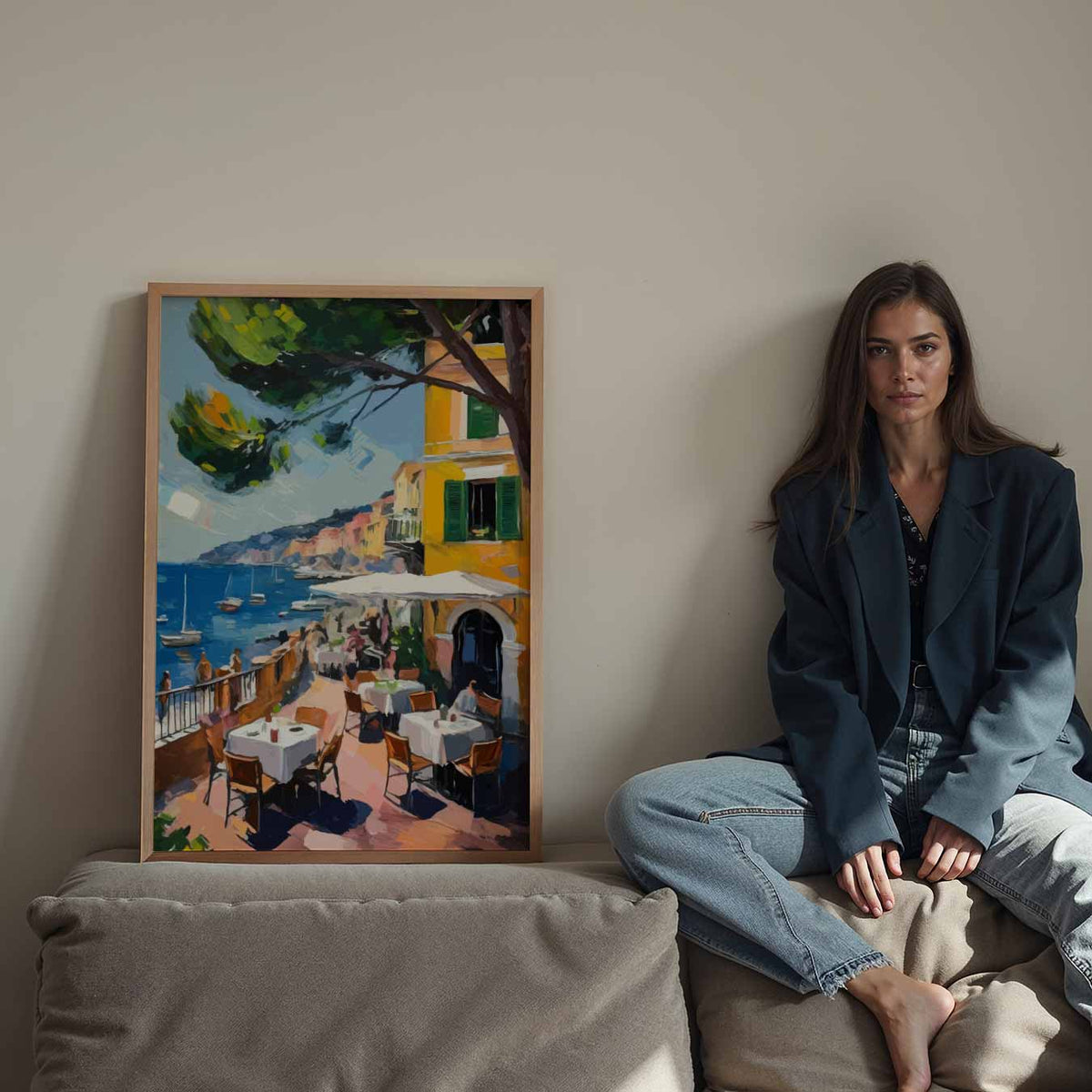 Mediterrane Droom: Uitzicht op de Zee – staande keuken wanddecoratie van WallArtistic
