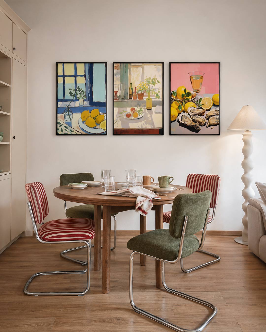 Citroenvenster driedelige posterset – heldere citroenen op een tafel voor een raam
