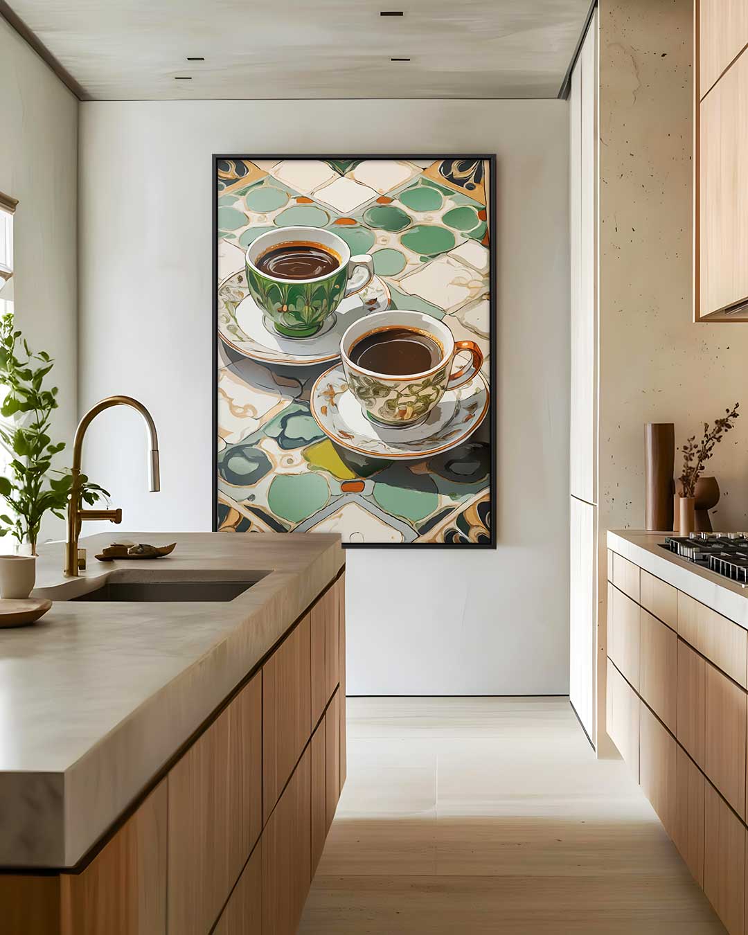 Koffie Betovering op Keramische Tegels – staand kunstwerk voor modern interieur