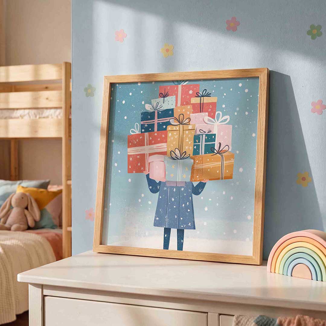 Stapeling van cadeaus – speelse wandkunst als vierkante kinderposter
