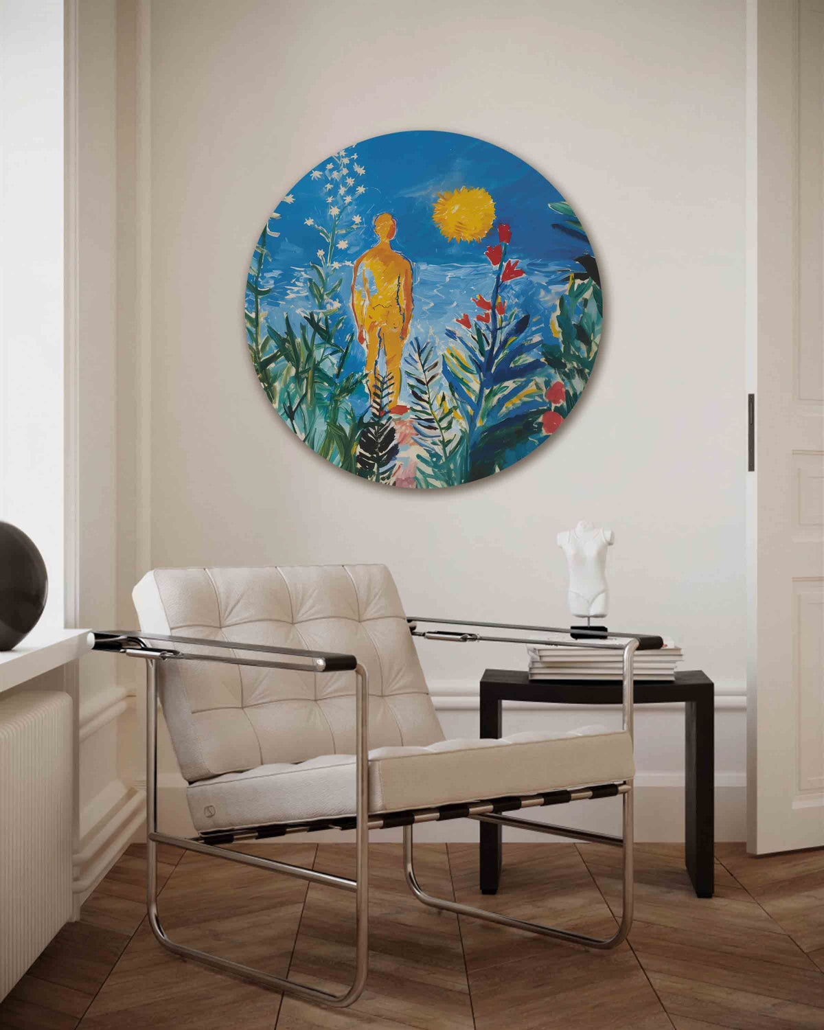 Mensfiguur en bloemen – kleurrijke muurcirkel als ronde wanddecoratie