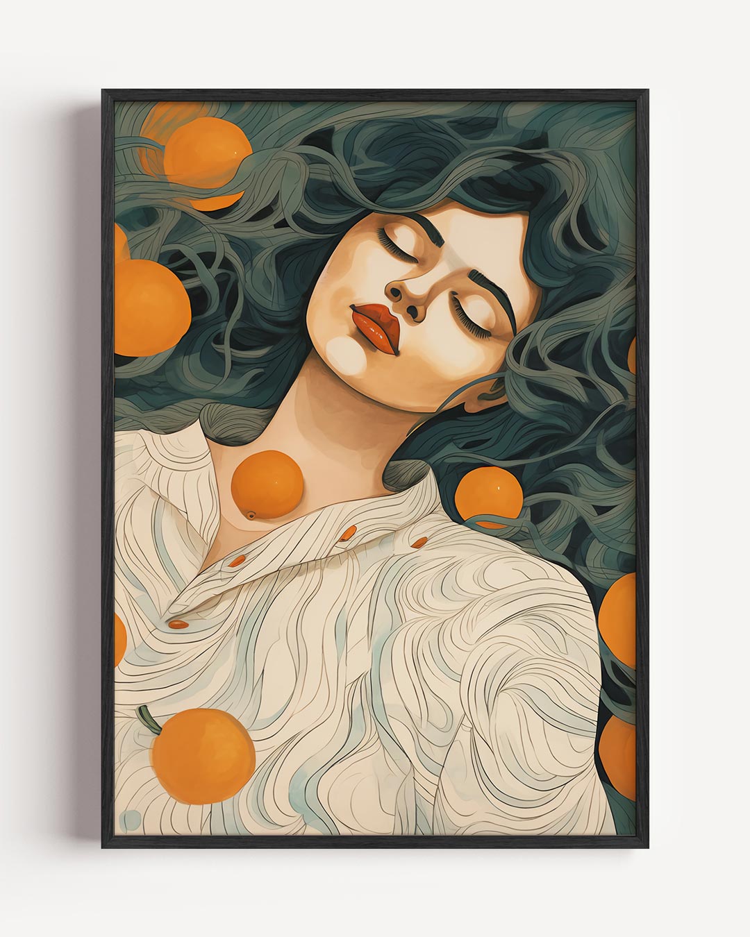 Dromerige Vrouw met Sinaasappels – vrouwelijk portret poster als wanddecoratie