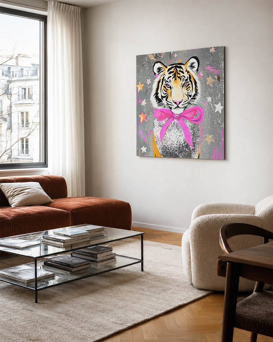 Kleurrijke tijger kunstwerk – vierkante wanddecoratie – dit werk toont een tijger met levendige kleuren en een speelse